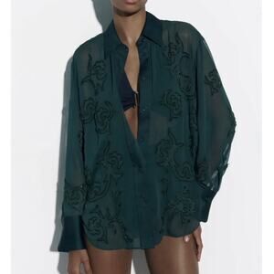 Zara Fairy Grunge Semi-Sheer Button-Up Blouse Tonal Bead Applique Size S Green